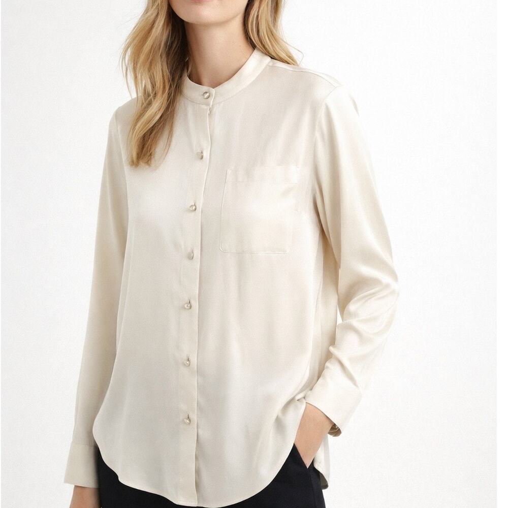 Vince Relaxed Band Collar Shirt Women oversized XS Light Shiny Peach Long Sleeve